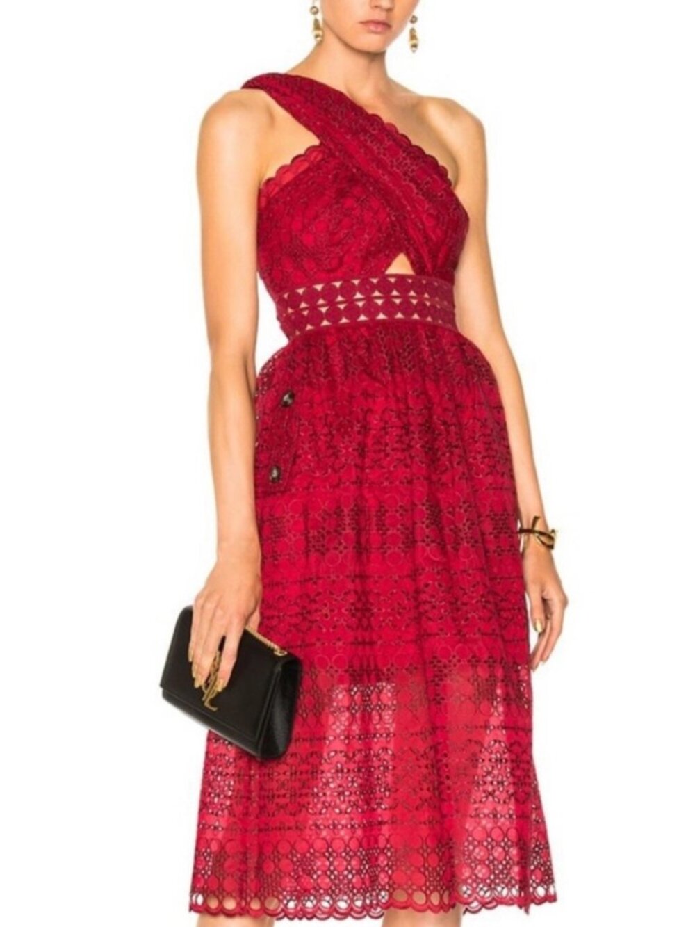 Self Portrait One Shoulder Red Eyelet Midi Dress US 6 UK 10